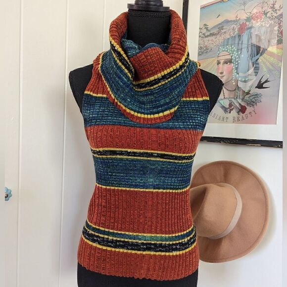 Free People Carly Striped Cowl Neck Sleeveless Sweater Top S Boho Hippie 70s - Picture 4 of 14